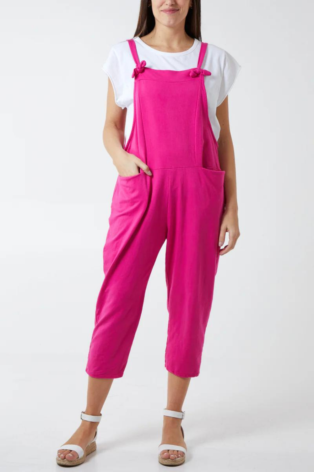 Oversized Bow Detailed Plain Dungarees in Hot Pink