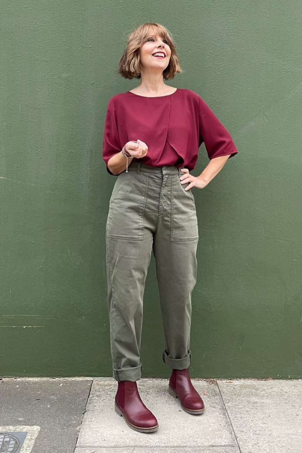 Relaxed Fit Crew Neck Layered Blouse Top with Short Sleeves in Burgundy