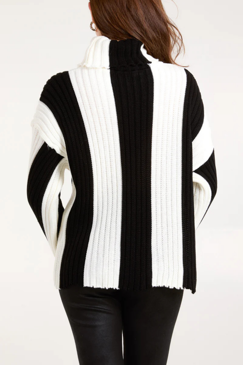 Oversized Roll Neck Detailed Vertical Striped Jumper in Black and White