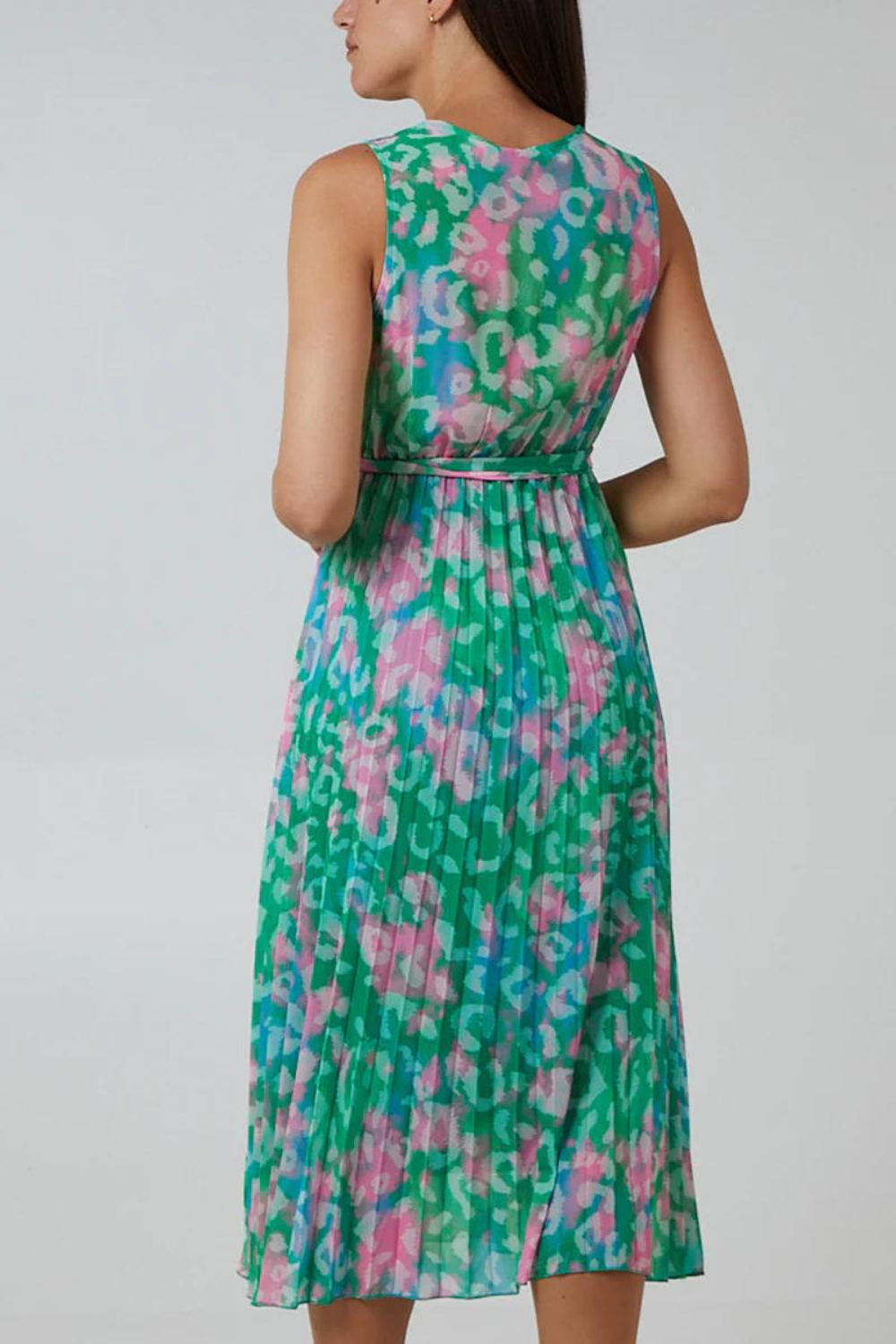 Wrap Front Multi Coloured Pink and Blue Leopard Print Maxi Dress with Pleat Details in Green