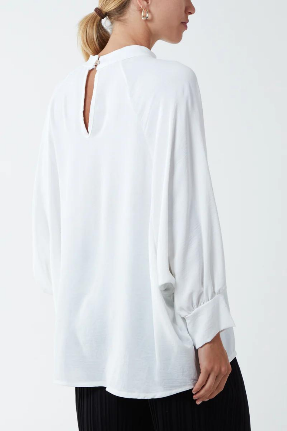 Oversized Batwing Long Sleeves Top with High Neck Detail in White