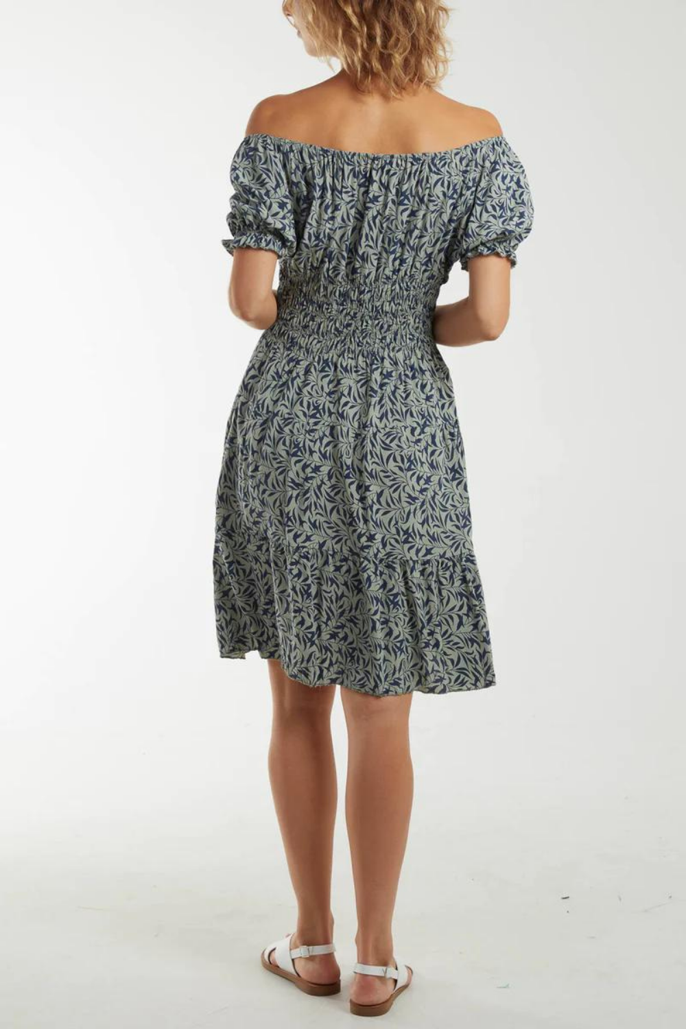 Oversized Off Shoulder Shirred Waist Button Down Mini Dress with Leaf Print in Khaki