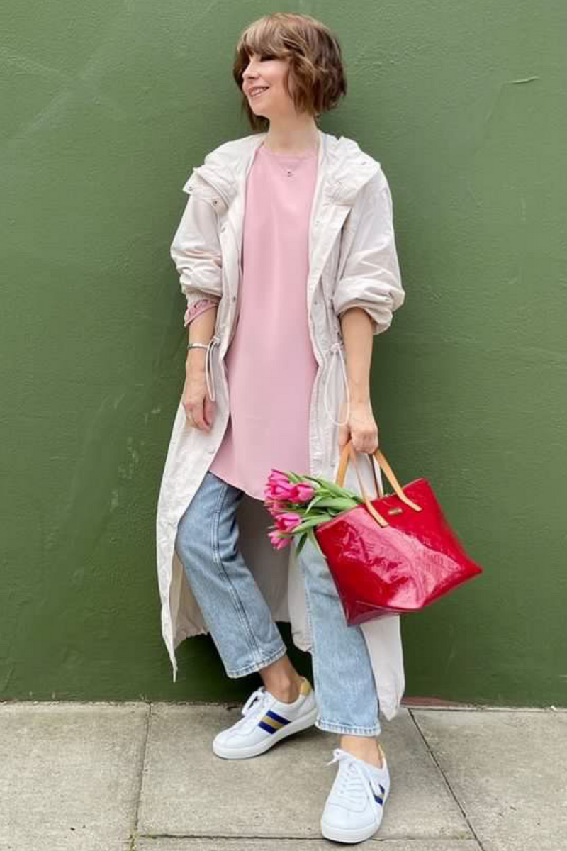 Oversized Tie Detailed Long Sleeves Crew Neck Tunic with Necklace in Pink
