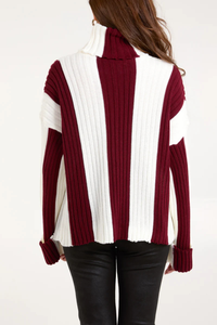 Oversized Roll Neck Detailed Vertical Striped Jumper in Burgundy and White