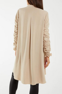 Relaxed Fit Shirred Long Sleeve Ruffle Detailed Shirt Tunic in Stone