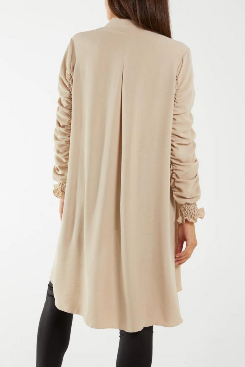 Relaxed Fit Shirred Long Sleeve Ruffle Detailed Shirt Tunic in Stone