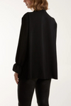 Relaxed Fit Pleated Tie Neck Long Bell Sleeves Blouse in Black