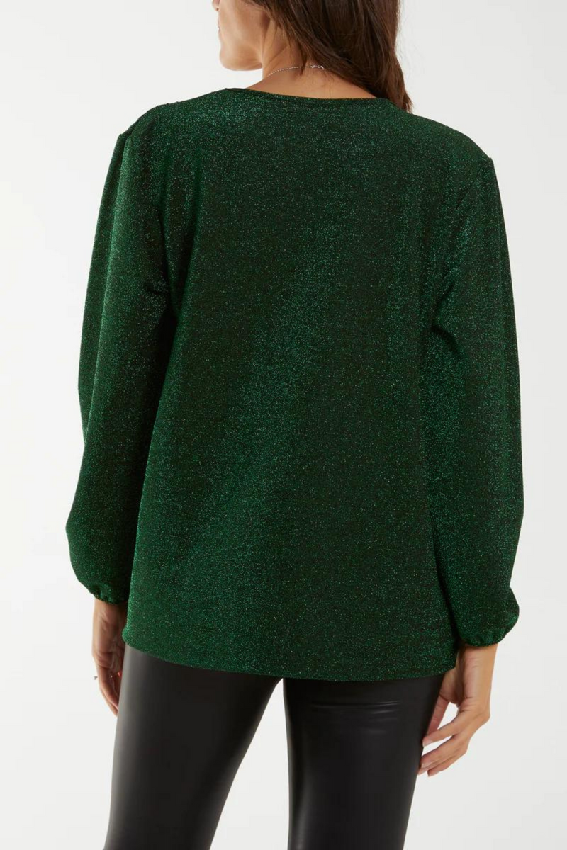 Long Sleeve Round Neck Pleated Top in Green Glitter with Necklace