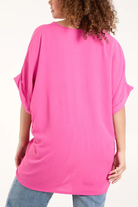 Oversized Short Sleeves Twist Front Cocoon Tunic Top in Hot Pink