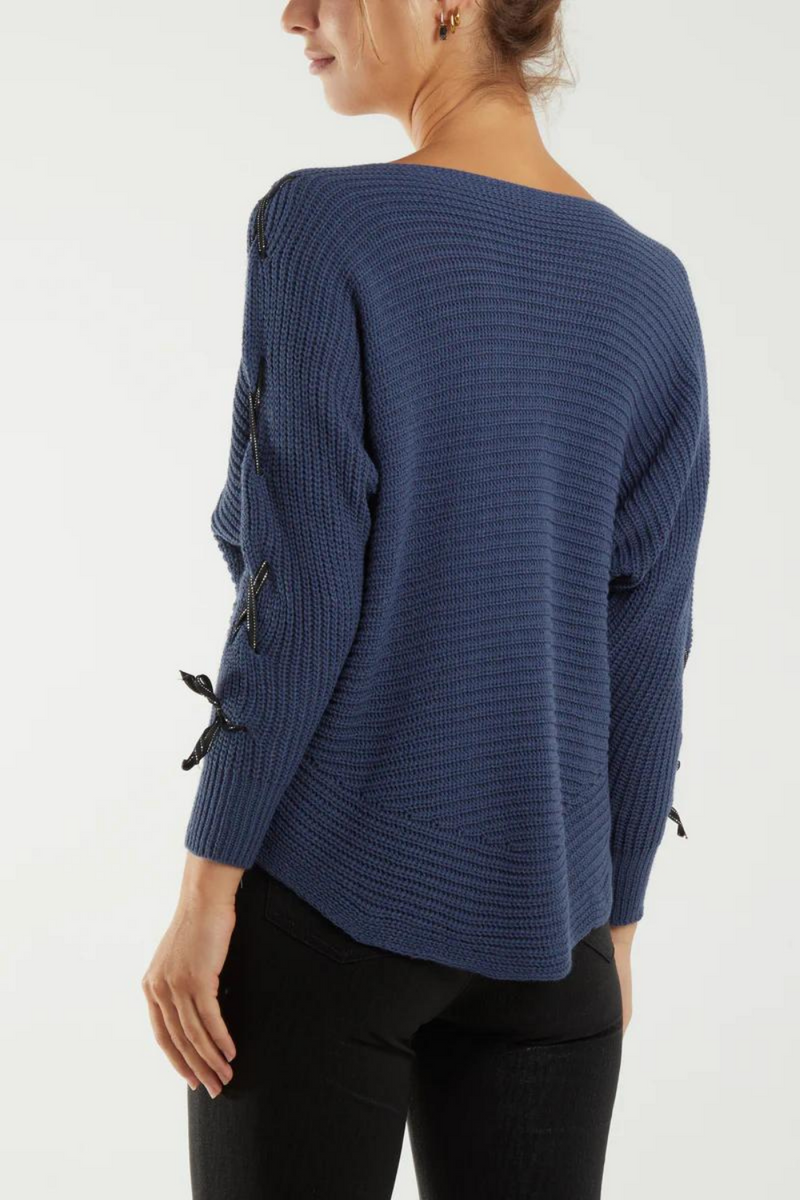 Oversized Knitted Long Sleeves Jumper with Ribbon Details in Navy