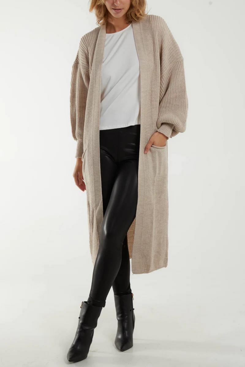 Oversized Long Sleeves Midi Knitted Cardigan with Pocket Details in Beige