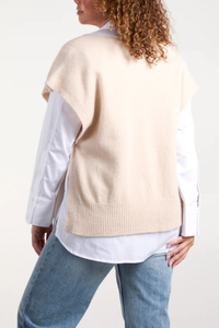 Oversize Cozy Sleeveless Top with V-Neck Side Buttoned Details in Beige