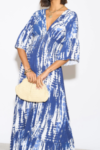 Oversized Shirred Waist Flutter Sleeve V Neck Maxi Dress with Tie Dye Print Details in White and Navy