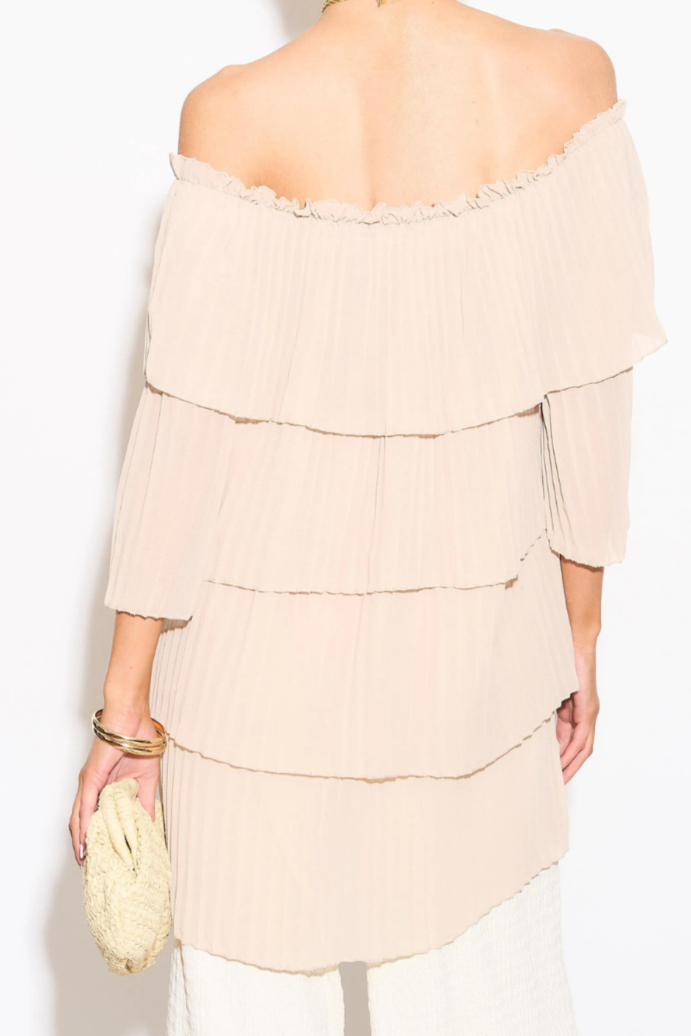 Relaxed Fit Off Shoulder Pleated Layer Detailed Blouse Top in Beige