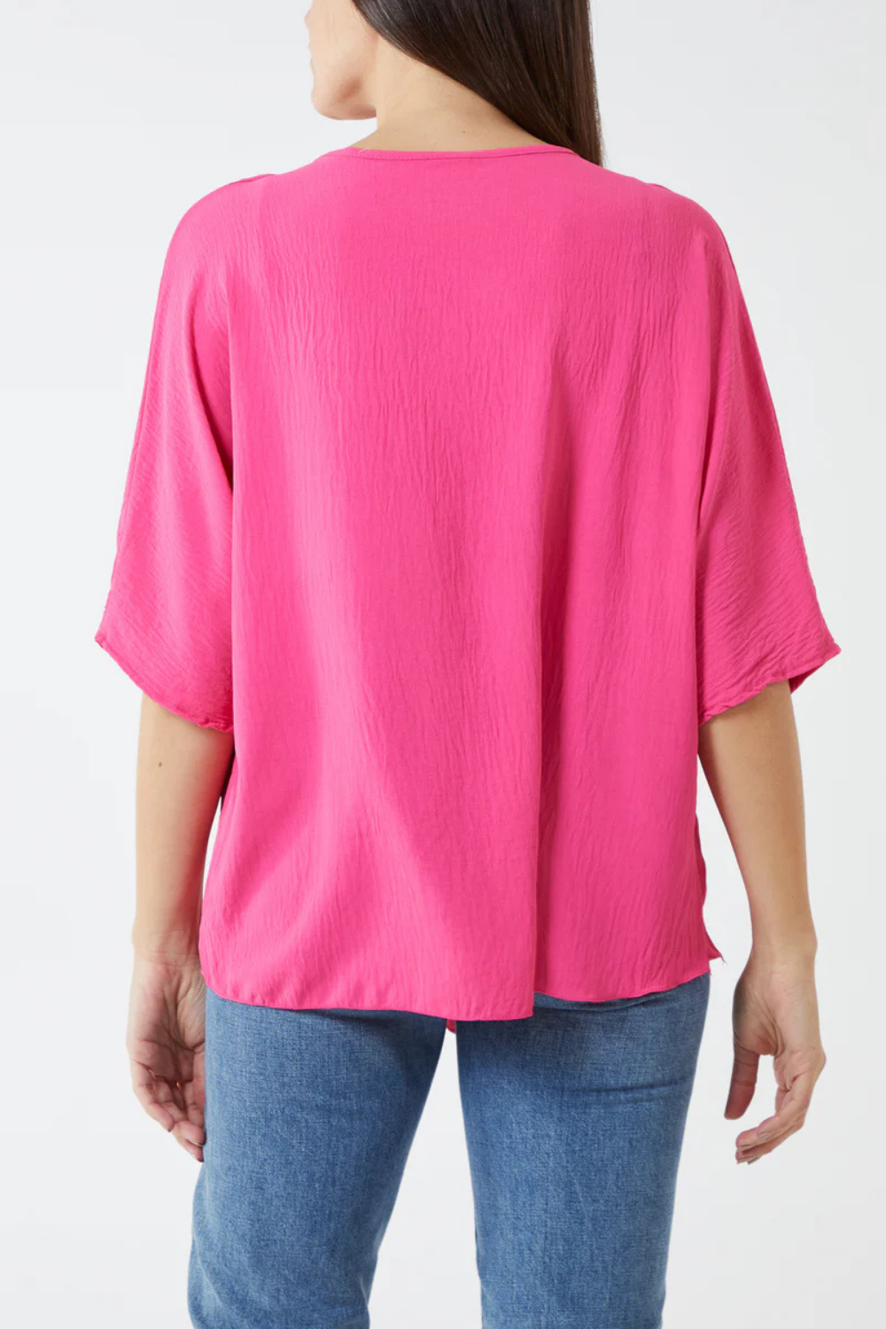 Oversized V Neck Tie Detailed Top with 3/4 Sleeves in Fuchsia
