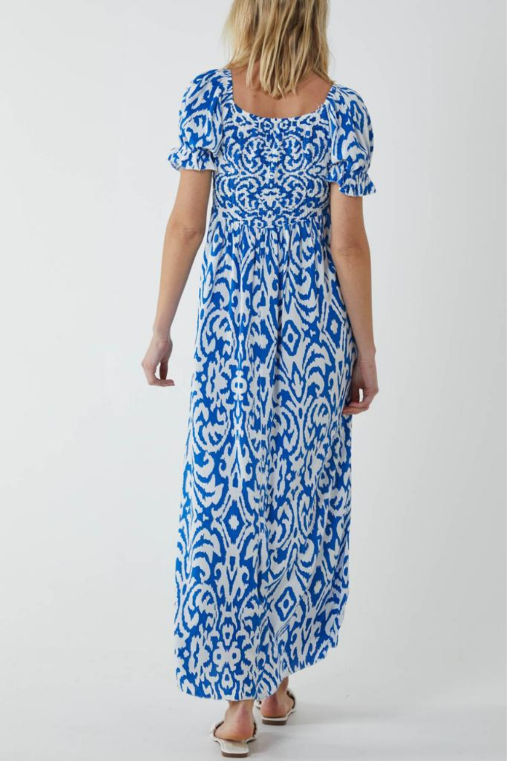 Relaxed Fit Geometric Printed Maxi Dress in White and Blue with Shirred Details