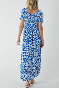 Relaxed Fit Geometric Printed Maxi Dress in White and Blue with Shirred Details