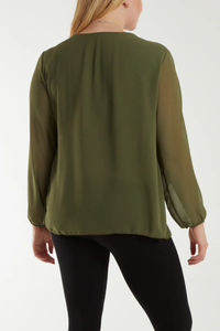 Oversized Long Sleeves Pleated Top in Khaki