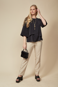 Layered Blouse With 3/4 Sleeves in Black with Necklace