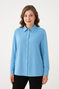 Oversized Long-Sleeves Pointed Collar Neckline Blouse in Baby Blue