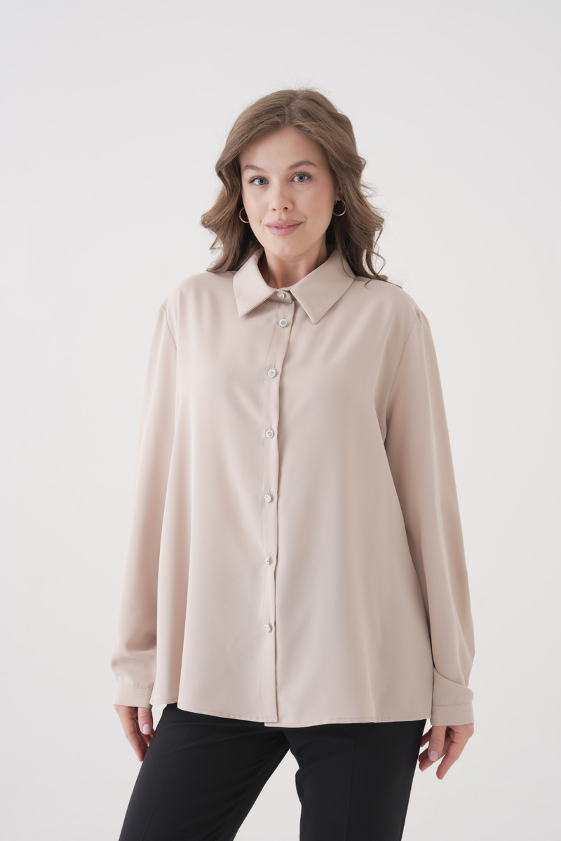 Oversized Long-Sleeves Pointed Collar Neckline Blouse in Beige