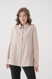 Oversized Long-Sleeves Pointed Collar Neckline Blouse in Beige