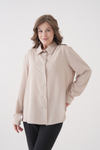Oversized Long-Sleeves Pointed Collar Neckline Blouse in Beige