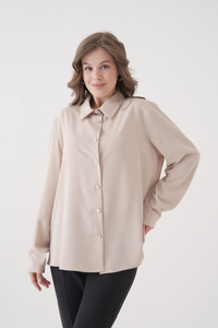 Oversized Long-Sleeves Pointed Collar Neckline Blouse in Beige