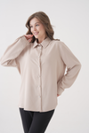 Oversized Long-Sleeves Pointed Collar Neckline Blouse in Beige