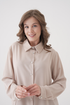 Oversized Long-Sleeves Pointed Collar Neckline Blouse in Beige