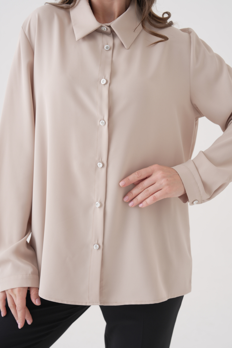 Oversized Long-Sleeves Pointed Collar Neckline Blouse in Beige