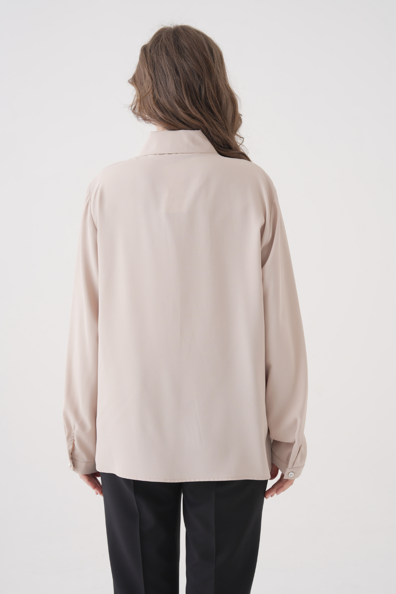 Oversized Long-Sleeves Pointed Collar Neckline Blouse in Beige