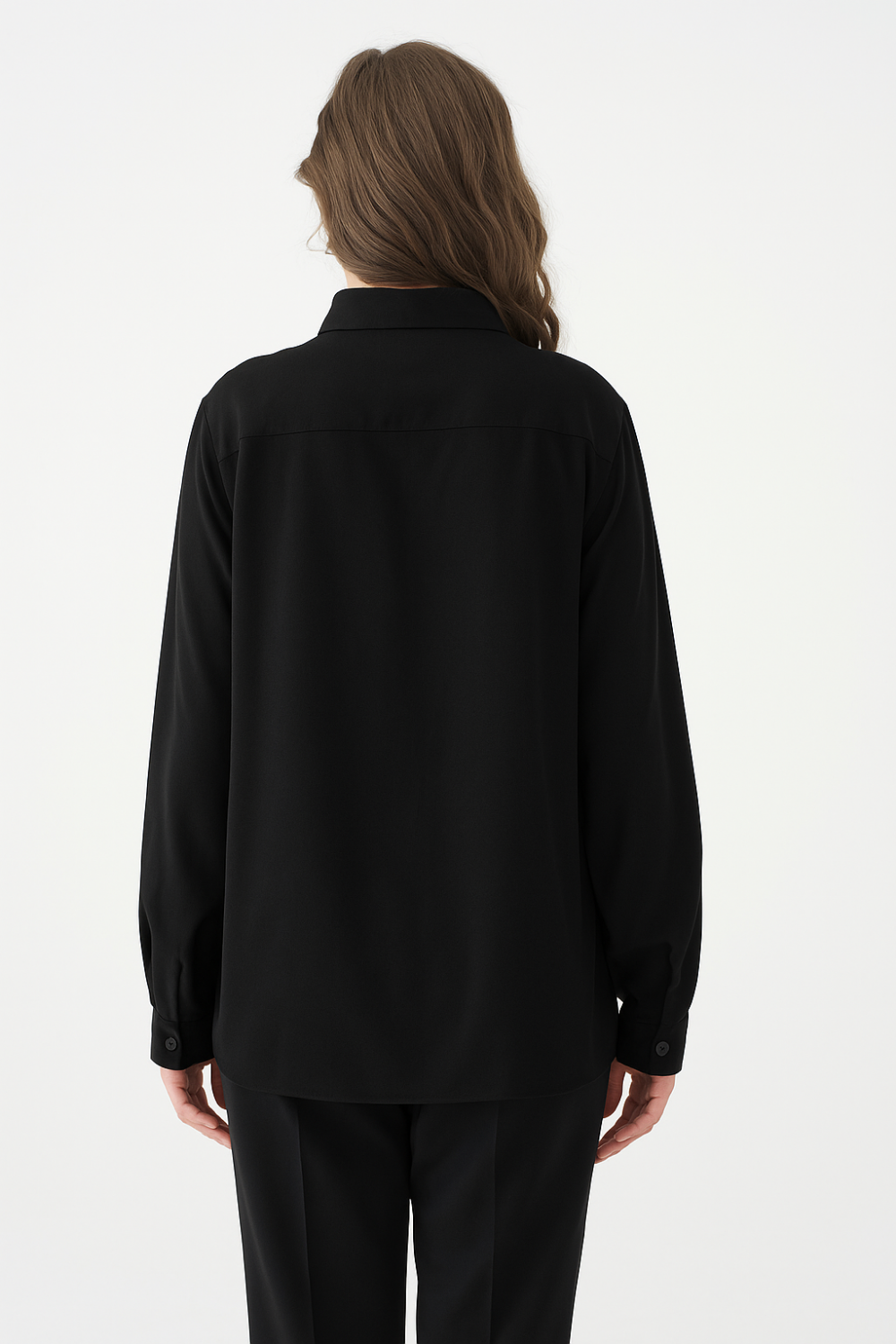 Oversized Long-Sleeves Pointed Collar Neckline Blouse in Black