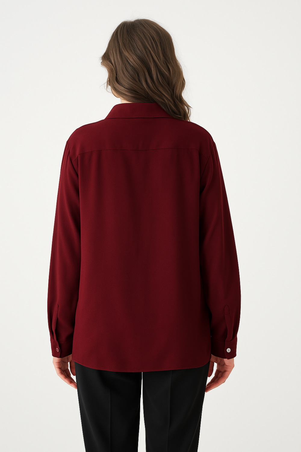 Oversized Long-Sleeves Pointed Collar Neckline Blouse in Burgundy