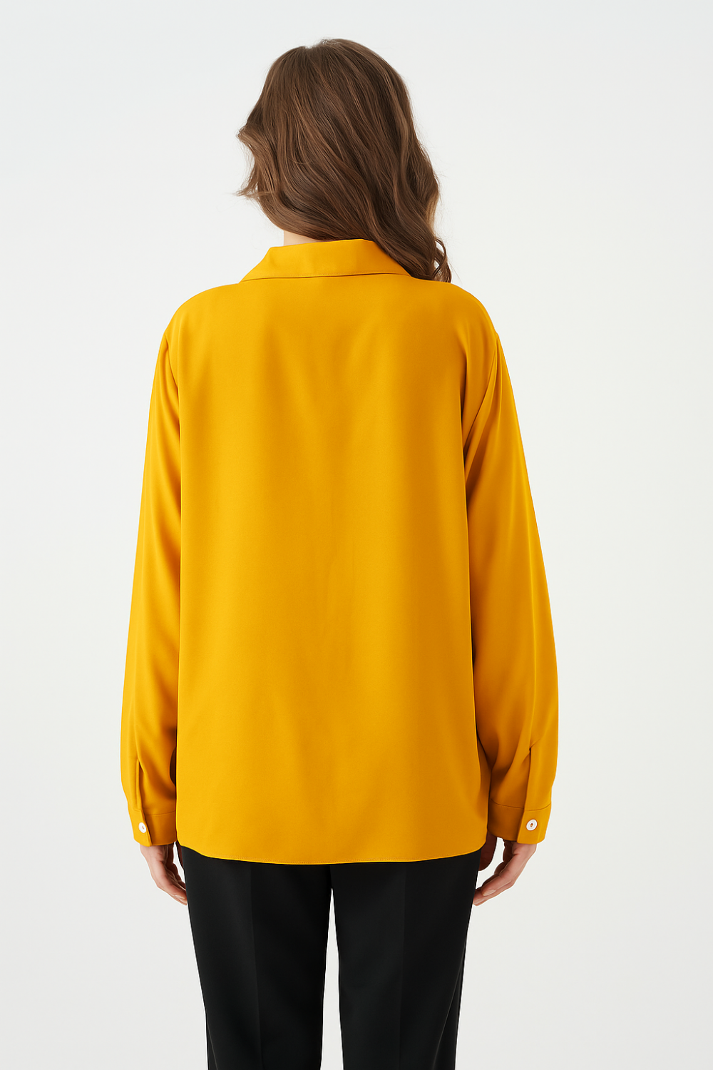 Oversized Long-Sleeves Pointed Collar Neckline Blouse in Mustard