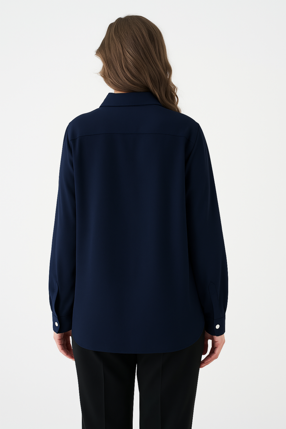 Oversized Long-Sleeves Pointed Collar Neckline Blouse in Navy