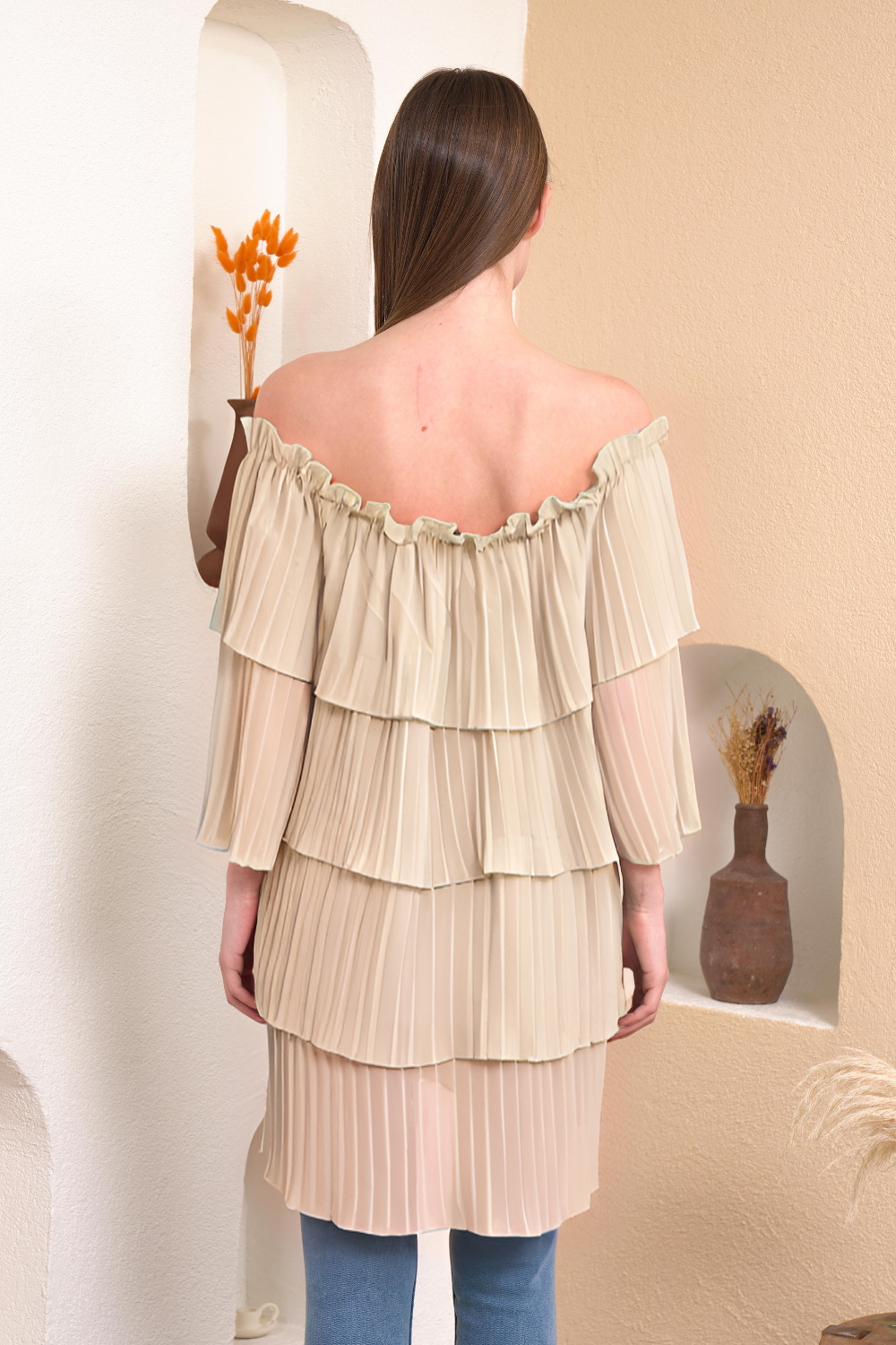 Off Shoulder Relaxed Fit 3/4 Sleeves Layered Blouse In Beige