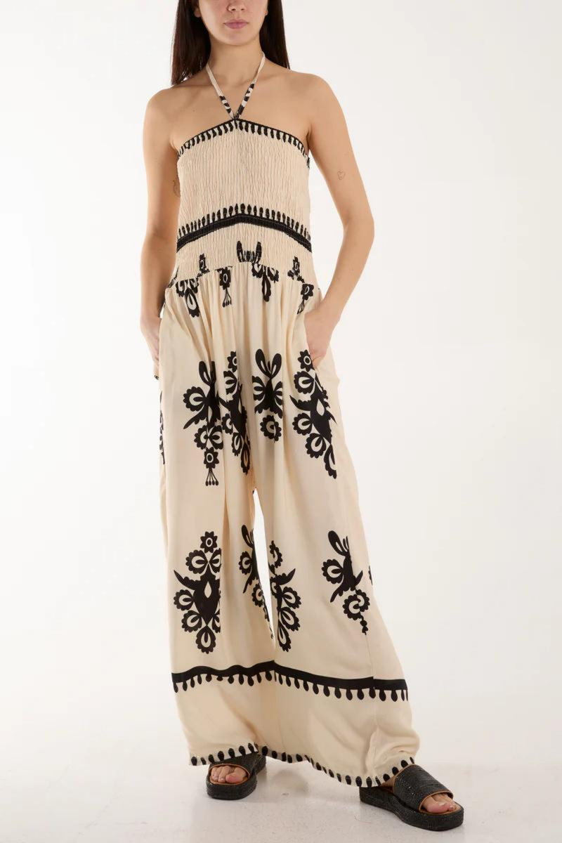 Oversized Tie Neck Printed Jumpsuit in Beige and Black