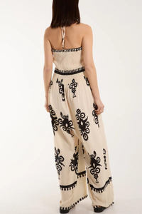 Oversized Tie Neck Printed Jumpsuit in Beige and Black