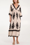 Oversized 3/4 Sleeves V Neck Printed Maxi Dress in Beige