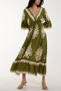 Oversized 3/4 Sleeves V Neck Printed Maxi Dress in Khaki