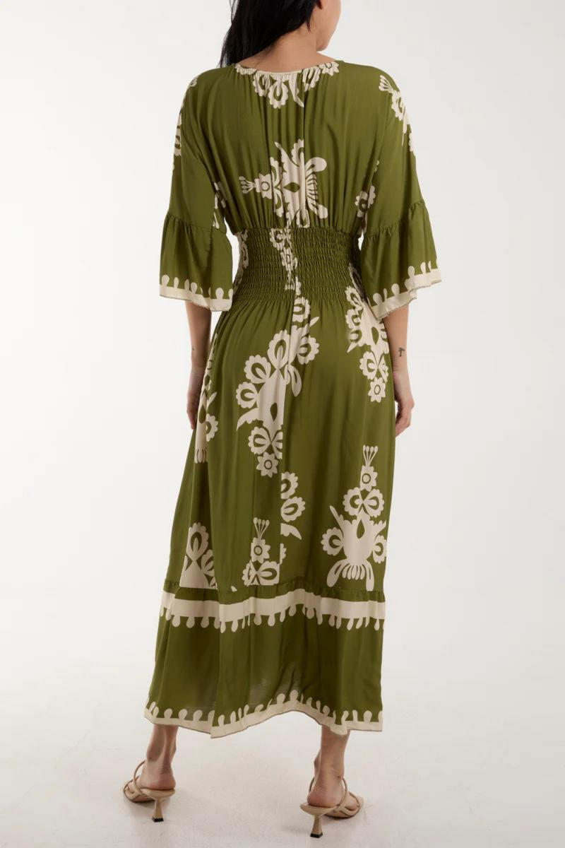 Oversized 3/4 Sleeves V Neck Printed Maxi Dress in Khaki