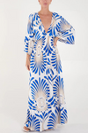 Oversized 3/4 Sleeves V Neck Feather Swirl Printed Blue Maxi Dress