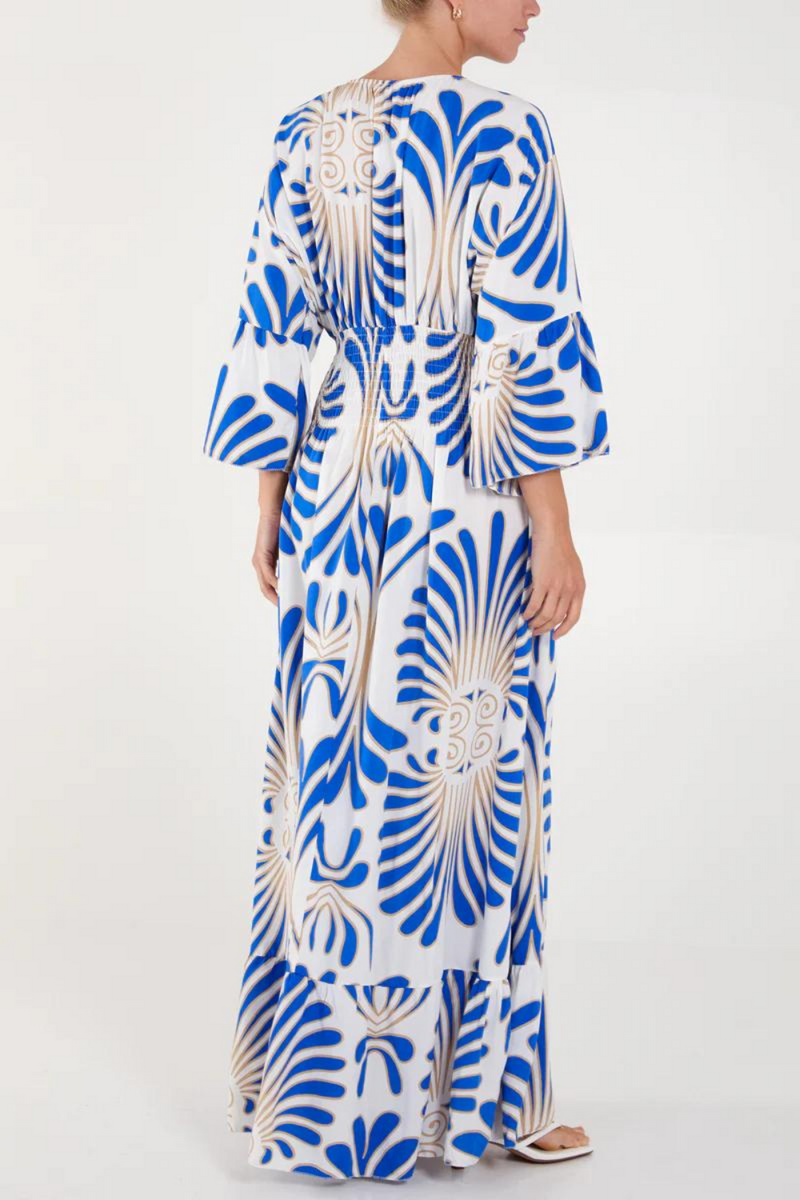 Oversized 3/4 Sleeves V Neck Feather Swirl Printed Blue Maxi Dress