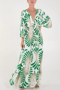 Oversized 3/4 Sleeves V Neck Feather Swirl Printed Green Maxi Dress