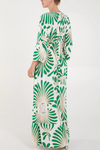 Oversized 3/4 Sleeves V Neck Feather Swirl Printed Green Maxi Dress