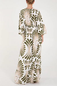 Oversized 3/4 Sleeves V Neck Feather Swirl Printed Khaki Maxi Dress