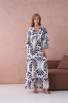 Oversized 3/4 Sleeves V Neck Feather Swirl Printed Navy Maxi Dress