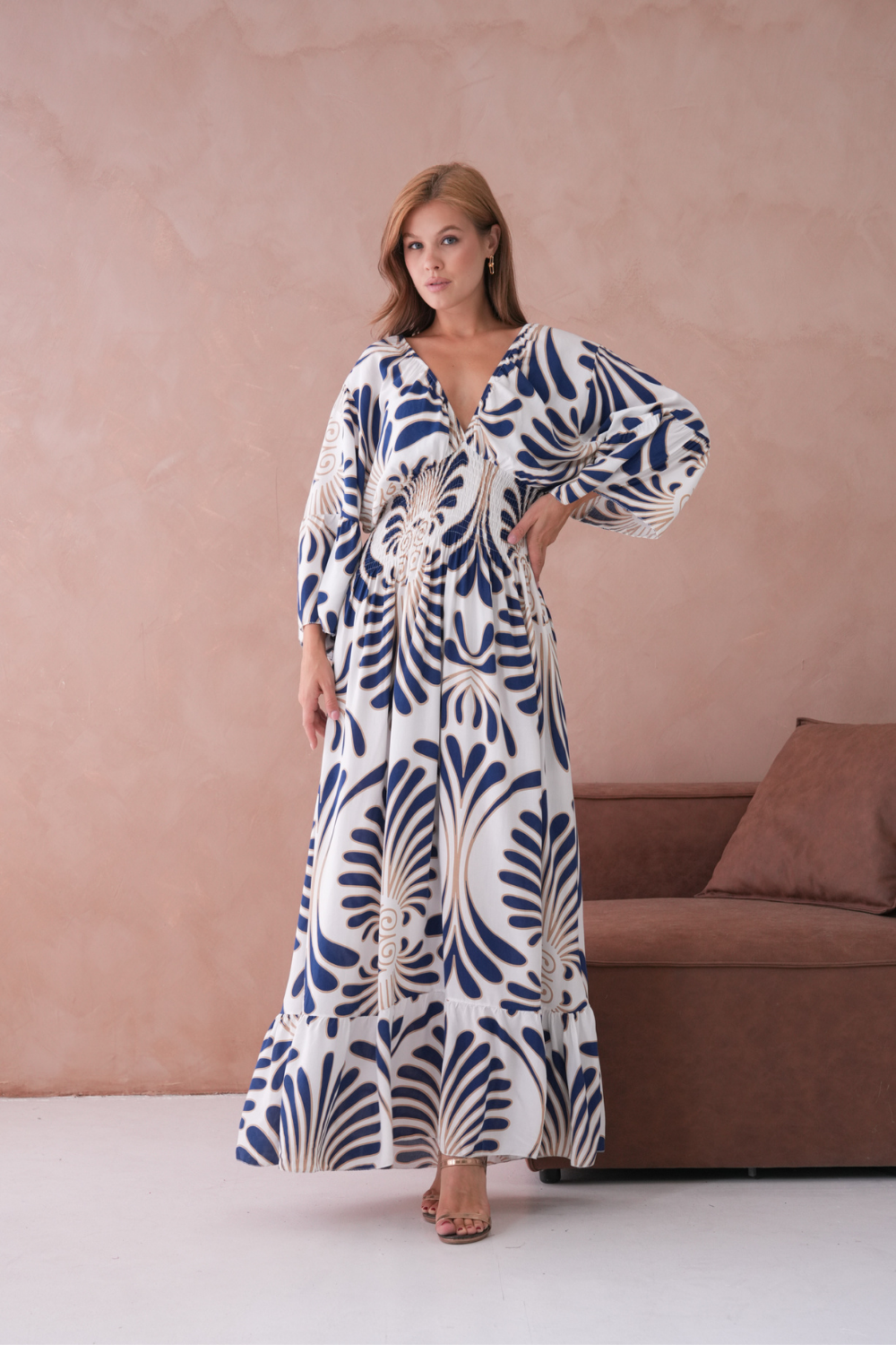 Oversized 3/4 Sleeves V Neck Feather Swirl Printed Navy Maxi Dress
