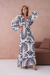 Oversized 3/4 Sleeves V Neck Feather Swirl Printed Navy Maxi Dress